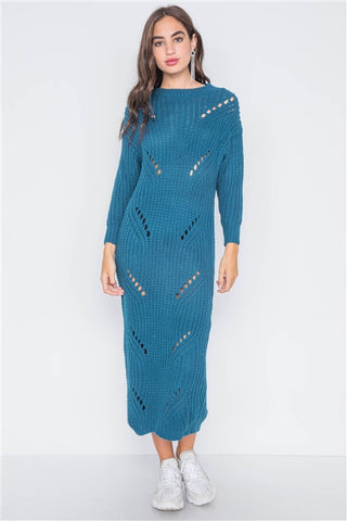 Teal Chunky Knit Distressed Long Sleeve Midi Sweater Dress