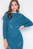 Teal Chunky Knit Long Sleeve Sweater Dress- Close Up