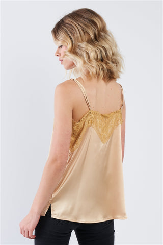 Golden Yellow Satin Lace V-Neck Adjustable Cami Top- Back