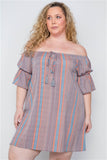 Plus Size Multi Coral Stripe Off-The-Shoulder Dress