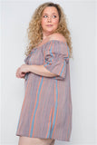 Plus Size Multi Coral Stripe Off-The-Shoulder Dress- Side