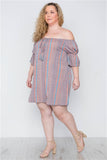 Plus Size Multi Coral Stripe Off-The-Shoulder Dress- Full Side