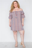 Plus Size Multi Coral Stripe Off-The-Shoulder Dress- Full Front