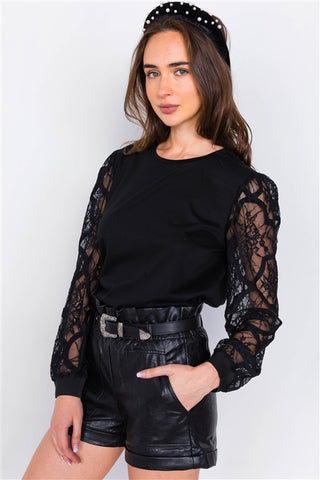 Black lace full puff sleeve causal office chic top