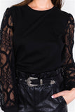Black lace full puff sleeve causal office chic top- close up