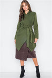 Olive Fleece Drape-Front Long Sleeve Cardigan Sweater Jacket- Full Front