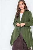 Olive Fleece Drape-Front Long Sleeve Cardigan Sweater Jacket- Open Front