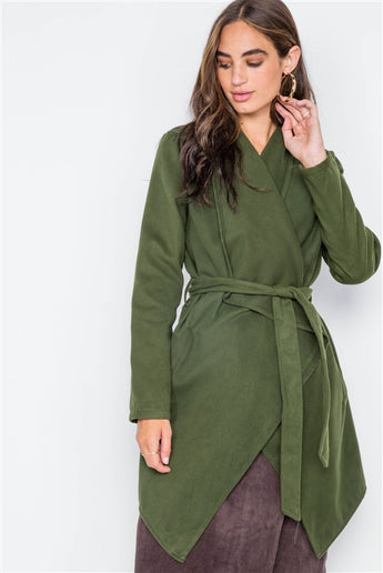 Olive Fleece Drape-Front Long Sleeve Cardigan Sweater Jacket