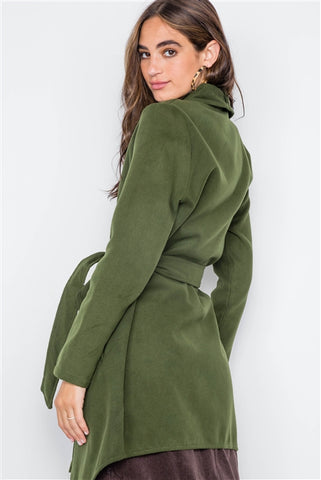 Olive Fleece Drape-Front Long Sleeve Cardigan Sweater Jacket- Back