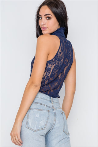 Navy Blue Mock-Neck Sheer Button Down Lace Top- Back