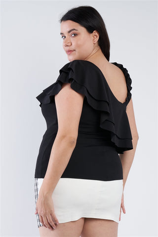 Junior Plus Size Black Off The Shoulder Ruffle Top- Back