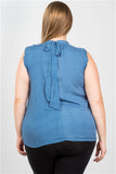 Blue Plus Size Ruffle Polka Dot Bow Back Sleeveless Top- Back