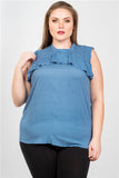 Blue Plus Size Ruffle Polka Dot Bow Back Sleeveless Top