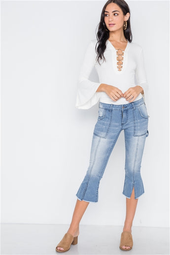 Denim light blue mid-rise flare cropped capri jeans- Full Front