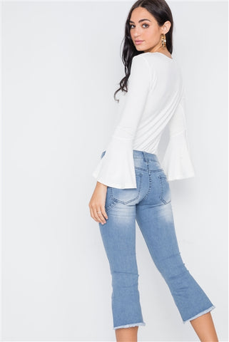 Denim light blue mid-rise flare cropped capri jeans- Back