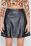 Black High-Waist Vegan Faux Leather A-line Mini Skirt- Close Up