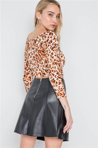 Black High-Waist Vegan Faux Leather A-line Mini Skirt- Back