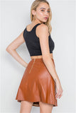 Camel High-Waist Vegan Faux Leather A-line Mini Skirt- Back