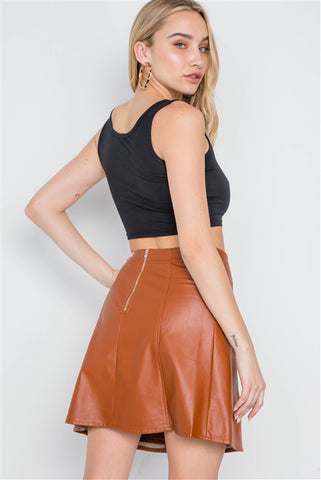 Camel High-Waist Vegan Faux Leather A-line Mini Skirt- Back