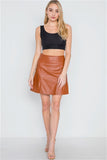 Camel High-Waist Vegan Faux Leather A-line Mini Skirt- Full Front