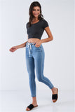 Light Blue Wash Shoelace Tie High Waisted Ankle Length Jean Pants
