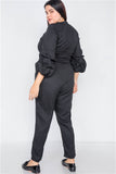 Plus Size Black V-Neck Puff Sleeve Straight Leg Jumpsuit- Back