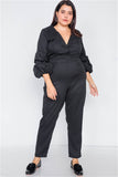 Plus Size Black V-Neck Puff Sleeve Straight Leg Jumpsuit- Full