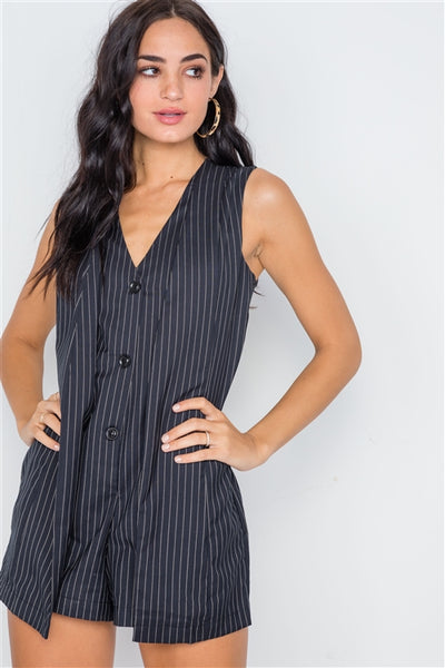 Navy stripe button down sleeveless romper