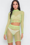 Lime Sheer 2 Piece Biker Shorts Crop Top Set