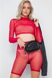 Red Sheer 2 Piece Biker Shorts Crop Top Set