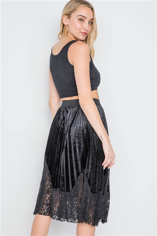 Black velvet high-waist pleated combo lace skirt- Back