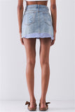 Washed light blue denim combo high waist distressed raw hem striped underlining detail mini skirt