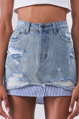 Washed light blue denim combo high waist distressed raw hem striped underlining detail mini skirt