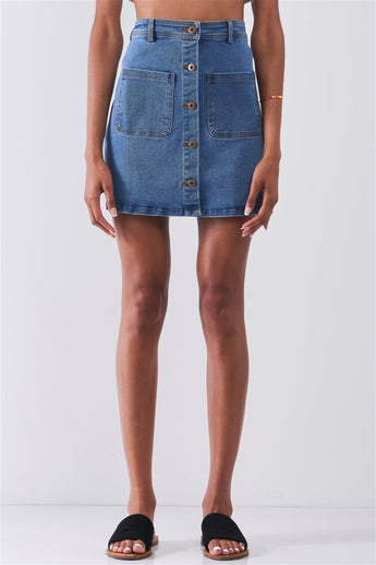 OG Vintage Blue Denim High Waist Button-Down Two Front Pockets Detail Mini Skirt