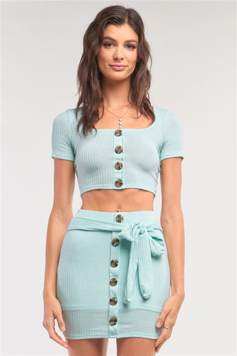 Ribbed Crop Top & Faux Wrap Mini Skirt Set | Mint