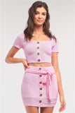 Ribbed Crop Top & Faux Wrap Mini Skirt Set | Pink