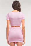 Ribbed Crop Top & Faux Wrap Mini Skirt Set | Pink