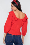 Tomato Red Crochet Trim Button Down Boho Top- Back