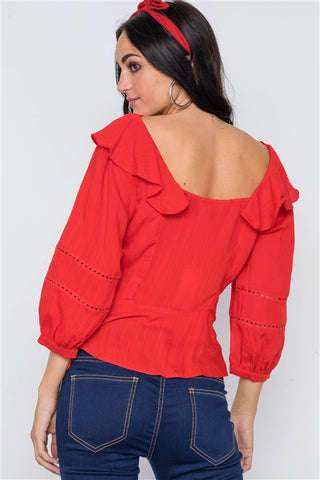 Tomato Red Crochet Trim Button Down Boho Top- Back