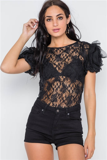 Black Floral Lace Mesh Sleeves Sheer Top