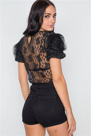 Black Floral Lace Mesh Sleeves Sheer Top- Back