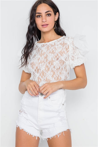 White Floral Lace Mesh Sleeves Sheer Top