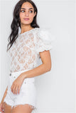 White Floral Lace Mesh Sleeves Sheer Top- Side