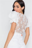 White Floral Lace Mesh Sleeves Sheer Top- Back
