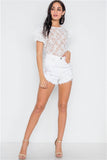 White Floral Lace Mesh Sleeves Sheer Top- Full Front