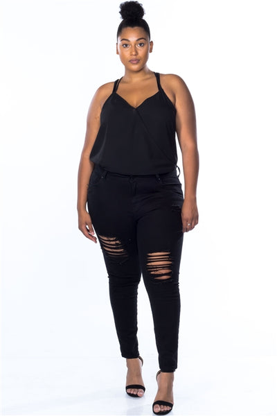 Cotton Spandex Black Plus Size Distressed Skinny Jeans- Full