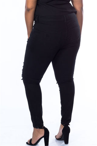 Cotton Spandex Black Plus Size Distressed Skinny Jeans- Back