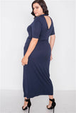 Plus Size Navy Side Slit Mock Neck Maxi Dress- Back