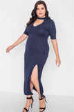 Plus Size Navy Side Slit Mock Neck Maxi Dress- Side