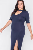 Plus Size Navy Side Slit Mock Neck Maxi Dress- Close Up